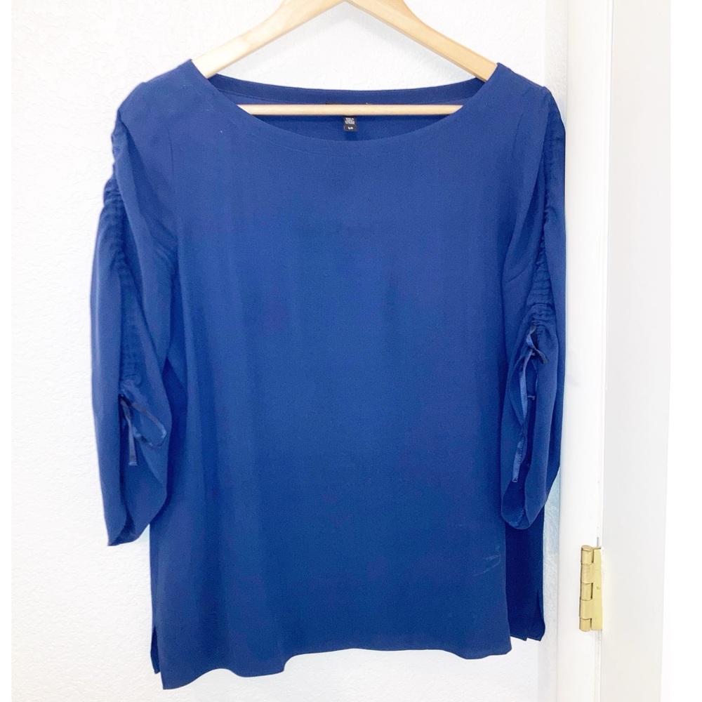 EILEEN FISHER 💯 Silk 3/4 ruched sleeve batteau neckline NAVY blouse SZ: Small